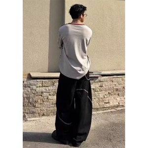 WE1708-P52 牛仔裤美式潮牌男女潮牌刺绣设计感宽松阔腿弯刀裤图片