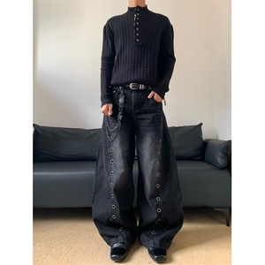 美式解构扣眼弯刀裤牛仔裤男女垂感休闲宽松阔腿拖地裤潮图片