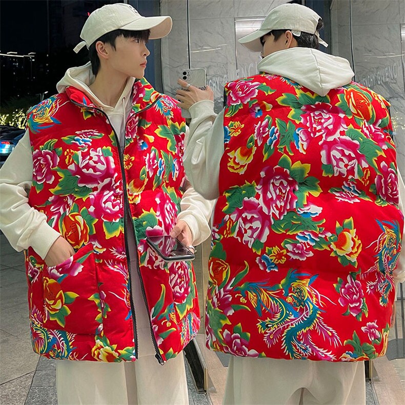 M3风东北大花棉马甲外套大码宽松秋冬汉服外衣坎肩背心演出服图片