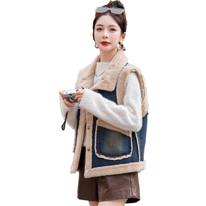 （新款现货）2025冬装时尚皮毛一体加绒牛仔马甲女,女装马甲,1D060