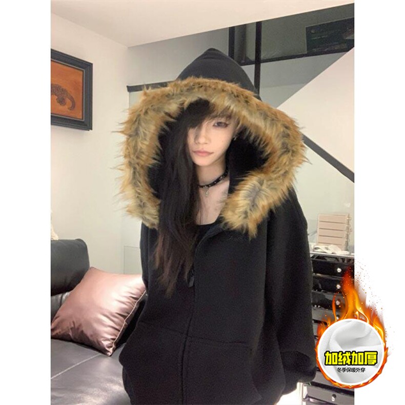 480G重磅加绒硬挺boxy秋冬美式高街超大毛领座山雕连帽卫衣厚外套，女装短外套，电商A486-1