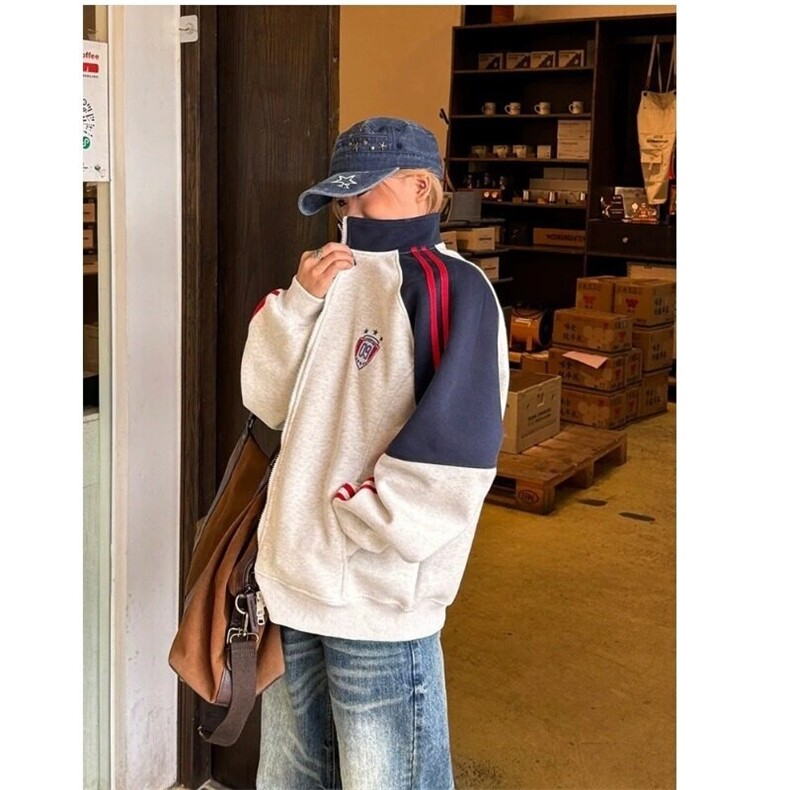 蜡笔小Y式复古条纹撞色立领卫衣开衫男女宽松休闲学院风外套上衣,男装卫衣,星座506A