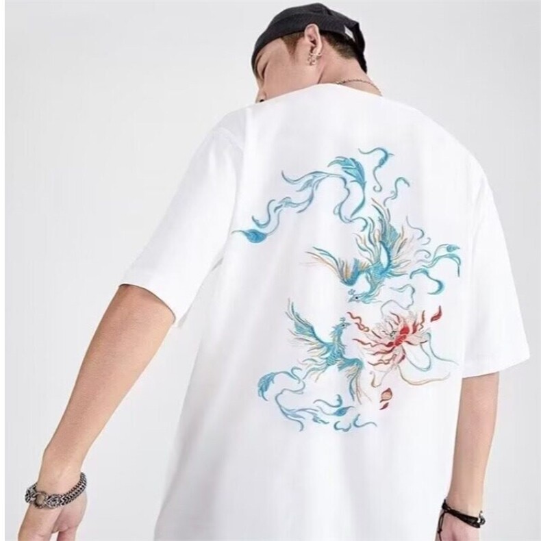 风短袖t恤男夏季宽松大码青少年凤凰图案刺绣潮牌半袖上衣服,男装T恤,星座506A