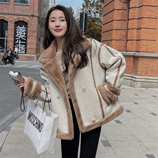 韩系chic羊羔毛外套女冬韩版宽松今年流行加绒加厚皮毛一体机车服，女装短外套，帛香坊