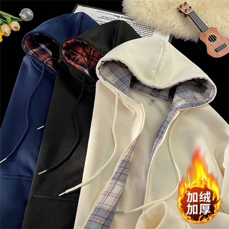 毛毯风格子开衫连帽卫衣宽松2026冬季潮牌加绒外套A436-117-P60,男装卫衣,电商A436