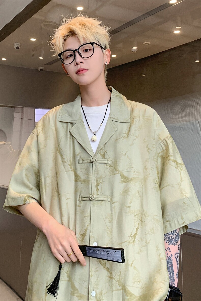 新中式2024盘口提花冰丝垂感短袖衬衫男女情侣衬衣薄外套S311P48,男装T恤,电商A233-1
