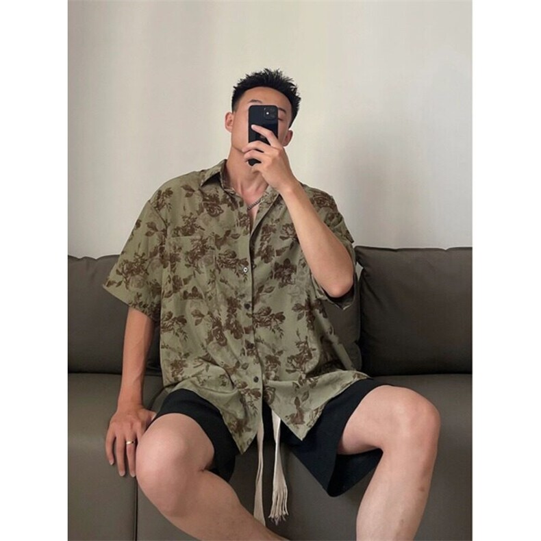 腰果花衬衫短袖夏季潮牌痞帅高级感翻领衬衣设计感情侣装五分袖,男装衬衫,星座218-1（原230）