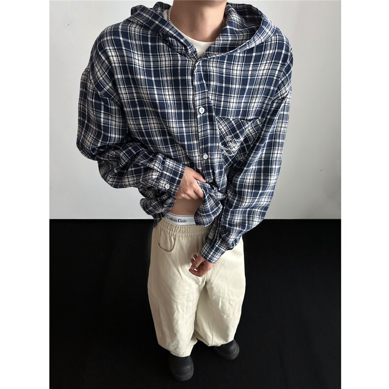 抖音时尚刺绣连帽男士衬衫休闲情侣格子衬衣CS808-P38,男装衬衫,电商A006