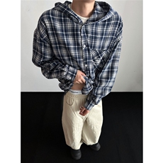 抖音时尚刺绣连帽男士衬衫休闲情侣格子衬衣CS808-P38，男装衬衫，电商A006