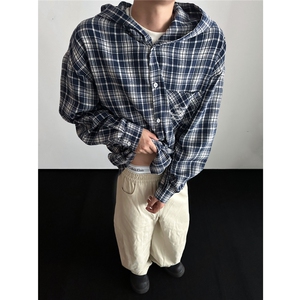 抖音时尚刺绣连帽男士衬衫休闲情侣格子衬衣 CS808-P38图片