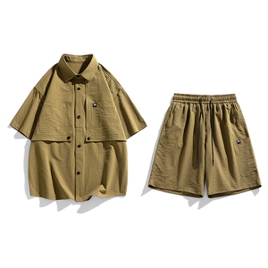 夏季套装男高品潮牌五分袖衬衫大码短裤两件套DSA157-1-C66-P98图片