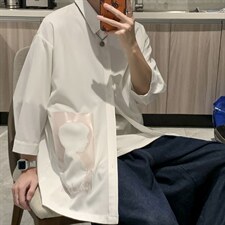 冰丝短袖衬衫男夏季港风宽松七分袖衬衣ins痞帅印花休闲CS40-p30，男装衬衫，星座1008