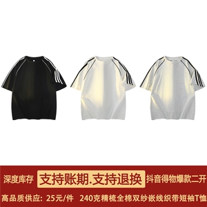 得物抖音高品质二开240克重磅宽松纯棉嵌线三条杠织带短袖T恤DT37图片
