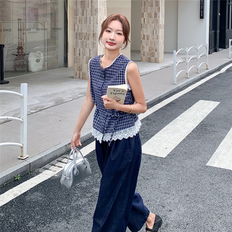 盐甜系格纹蕾丝拼接背心套装夏季2025年轻薄休闲牛仔阔腿裤两件套,女装套装/套裙,2C239