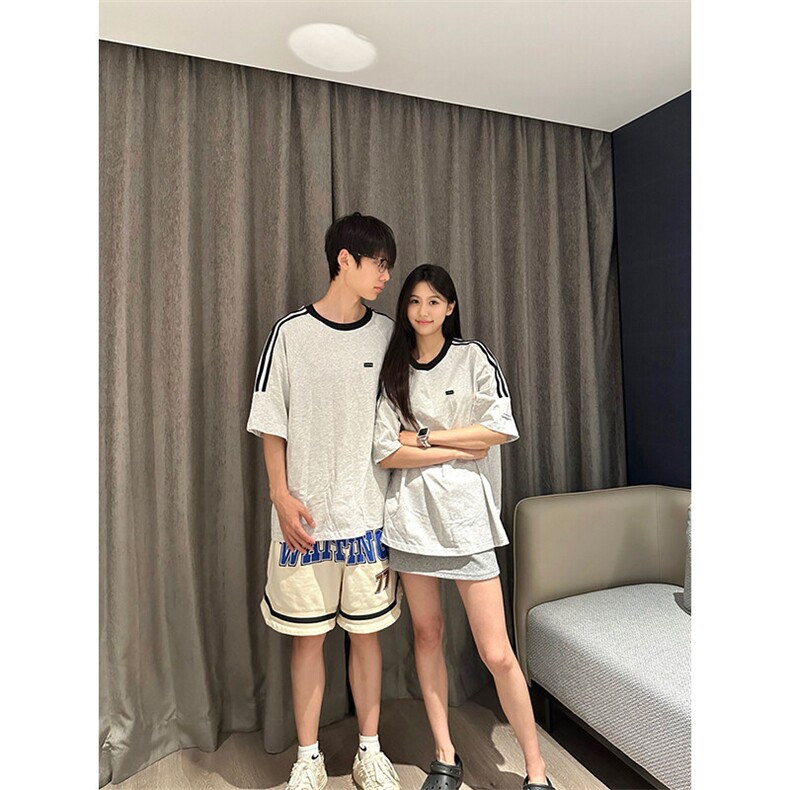 抖音得物品质夏季美式高街纯棉三条杠织带男女短袖T恤ZD588特25,男装T恤,电商A486-1