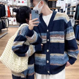 网图现货84861-特P65美式条纹V领开衫毛衣女潮牌情侣装针织衫外套图片