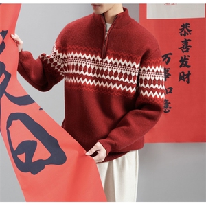 宽松复古半拉链套头针织衫男2025秋冬老钱圣诞费尔岛毛衣3210/P88图片