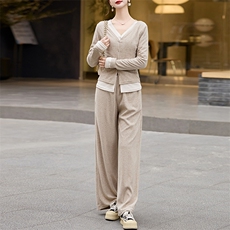 时尚修身显瘦假两件套装女2024春装长袖T恤+高腰阔腿长裤两件套，女装套装/套裙，江南女神