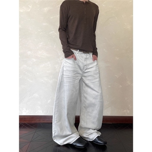 1506-1/KTD-N13591/P64美式压褶立体抓痕阔腿牛仔裤休闲男女同款图片