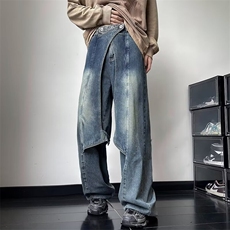 欧美hiphop裤子小众解构重工水洗牛仔裤cleanfit设计感高级阔腿裤，男装牛仔裤，星座601-2