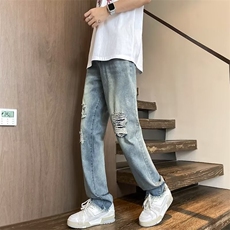 美式高街夏季破洞补丁假破洞牛仔裤男宽松直筒显瘦百搭长裤ins潮，男装牛仔裤，星座410-7