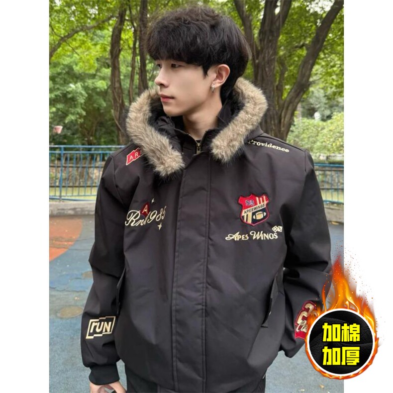 现货高品质美式高街重磅刺绣座山雕大毛毛领棉衣男女加厚棉服外套，男装棉衣，电商A486-1