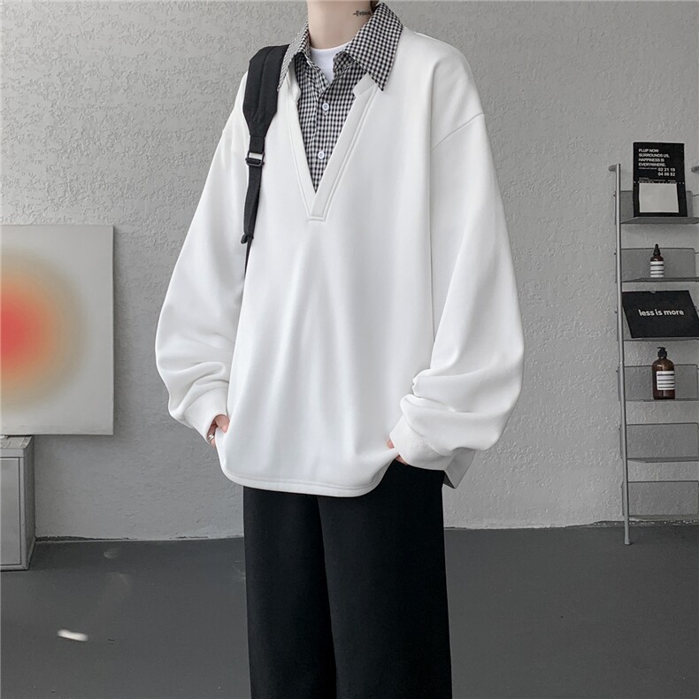 M-8XL假两件格子拼接衬衫领卫衣特大码重磅长袖V领上衣WY5112/P55,男装衬衫,电商B238