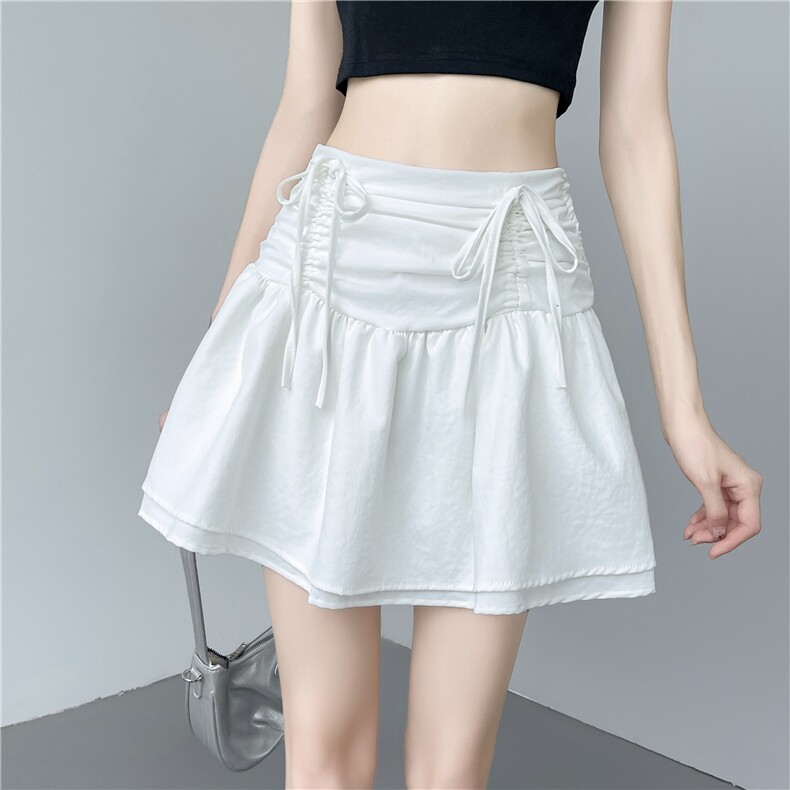 松紧腰系带宽松显瘦短裙女2024夏季新款百搭设计感双层短裙子，女装半身裙，梦白服饰厂
