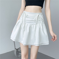 松紧腰系带宽松显瘦短裙女2024夏季新款百搭设计感双层短裙子，女装半身裙，梦白服饰厂