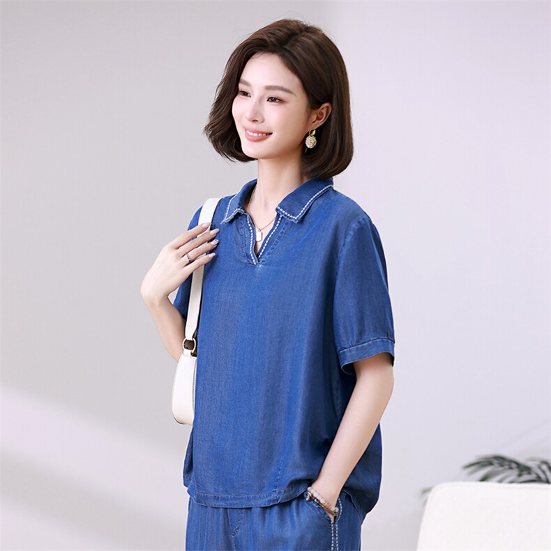 天丝牛仔女2025新款夏装搭配一整套微胖穿搭小个子妈妈,女装衬衫,叶笙衣