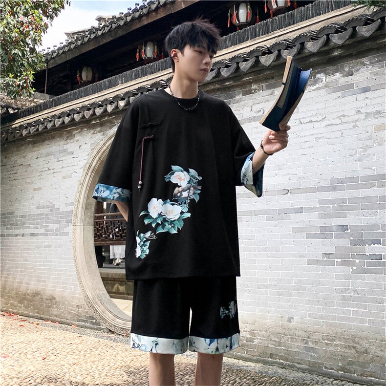 新中式风两件套夏季新中式禅意短袖t恤男套装A436-D221-P52,男装休闲套装,电商A436