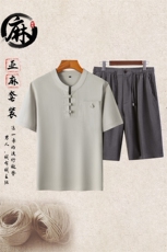 长期货主推夏装男士风亚麻短袖套装中老年爸爸装亚麻盘扣套装，男装休闲套装，钱塘723