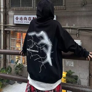 闪电印花美式复古卫衣男款春秋连帽高街潮牌痞帅炸街重磅硬挺外套