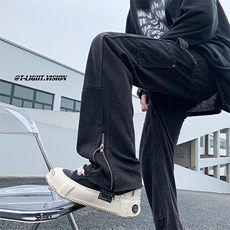 欧美vibe潮牌痞帅炸街阔腿裤oversize裤脚拉链牛仔裤男N1736-P48，男装牛仔裤，星座1008