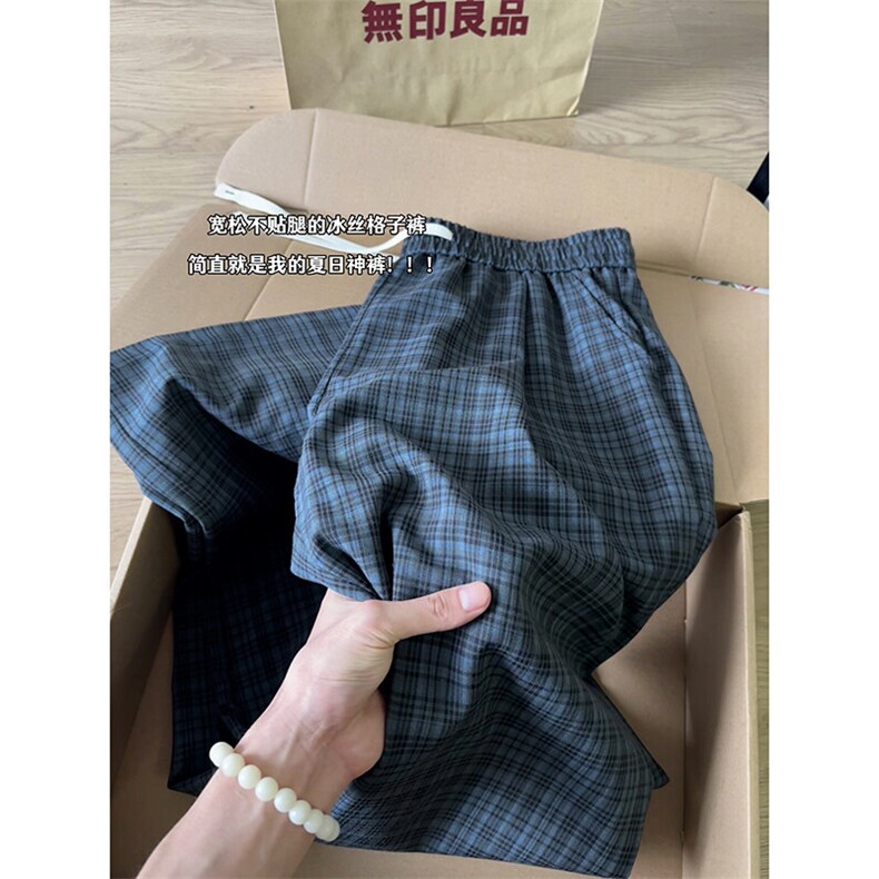 XK468-P35灰色格子裤男夏季薄款慵懒松弛感美式休闲阔腿直筒裤,男装休闲裤,电商A178