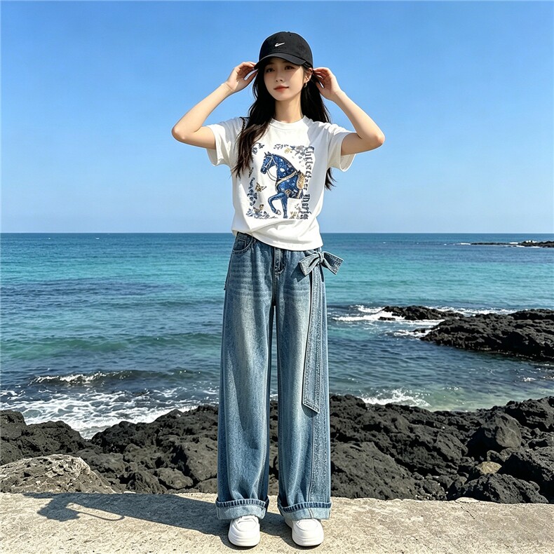 甜美时尚休闲套装女夏季新款圆领印花烫钻上衣设计牛仔长裤两件套,女装套装/套裙,江南