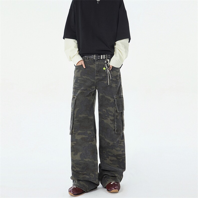 美式复古多口袋迷彩微喇叭工装裤潮宽松显瘦直筒拖地裤YD6602-P55，男装休闲裤，星座509