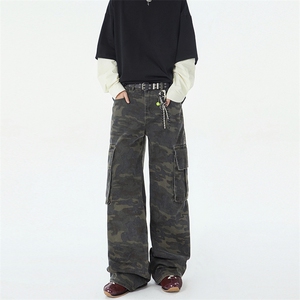 美式复古多口袋迷彩微喇叭工装裤潮宽松显瘦直筒拖地裤YD6602-P55,男装休闲裤,星座509