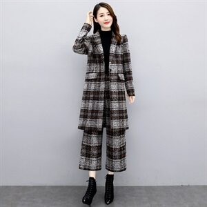 2023新款秋冬季时尚两件套女高端减龄格子大衣职业毛呢阔腿裤套装图片