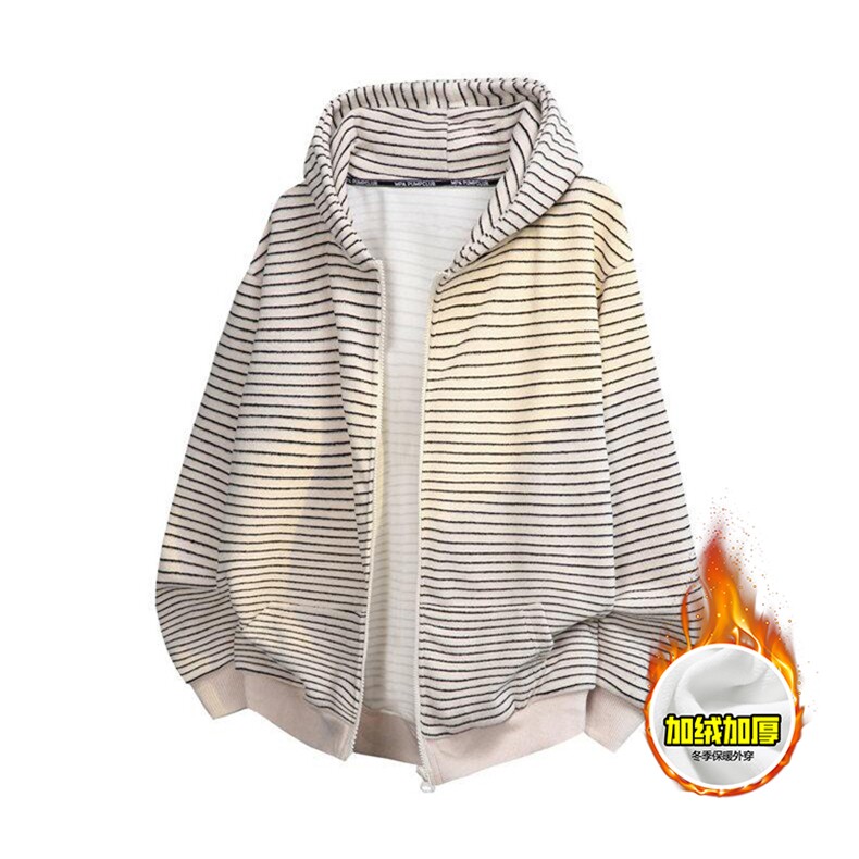 480G重磅加绒硬挺boxy男女秋冬美式高街条纹毛呢卫衣开衫厚外套，女装短外套，电商A486