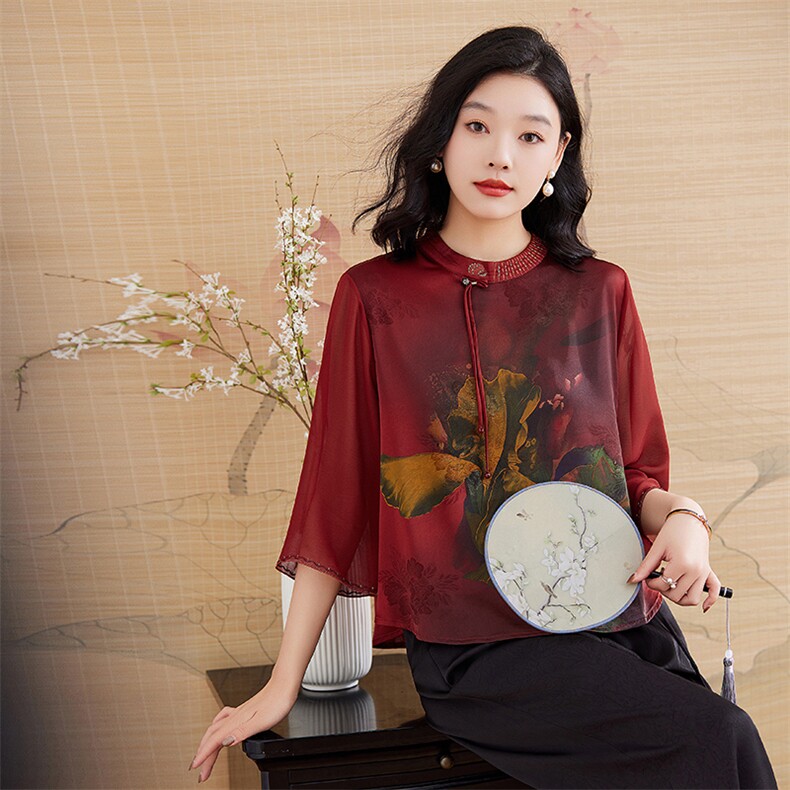 新中式中老年重磅真丝半袖上衣夏季妈妈女桑蚕丝时尚T恤衫,女装衬衫,媚琳依坊