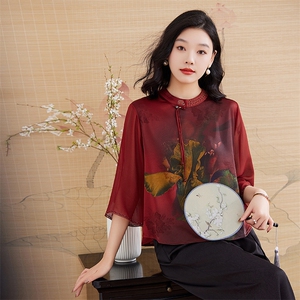 新中式中老年重磅真丝半袖上衣夏季妈妈女桑蚕丝时尚T恤衫图片