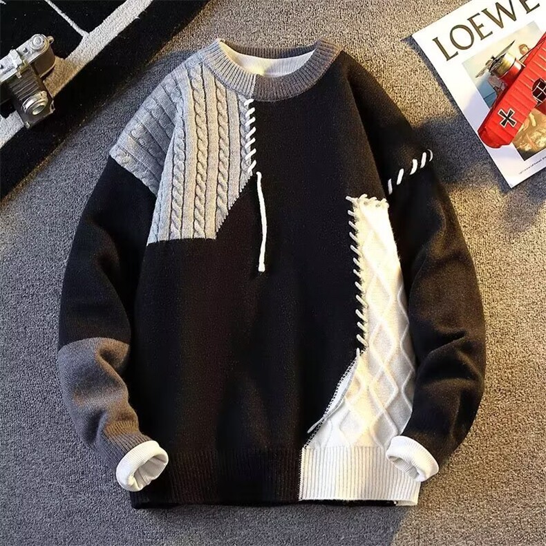 9075-P51拼接撞色毛衣男冬季美式休闲个性设计感针织衫男宽松,男装针织衫/毛衣,电商B323A