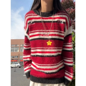 AA1842P55红色条纹毛衣男冬季圆领套头针织衫美式毛线衣