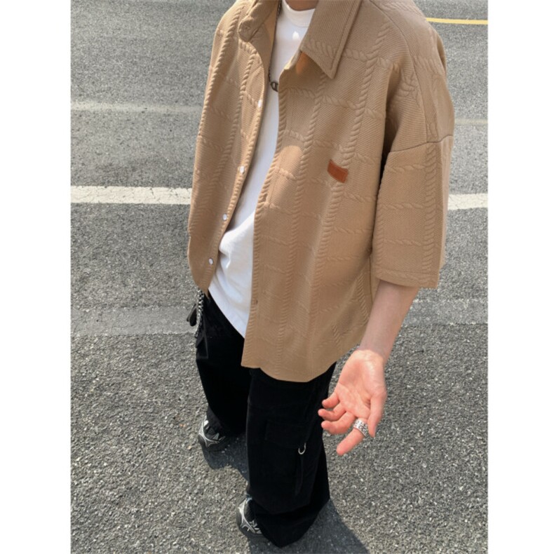 2026夏短袖格子衬衫大码男纹理提花衬衣薄外套CS580/特P35咖啡5,男装衬衫,电商A094