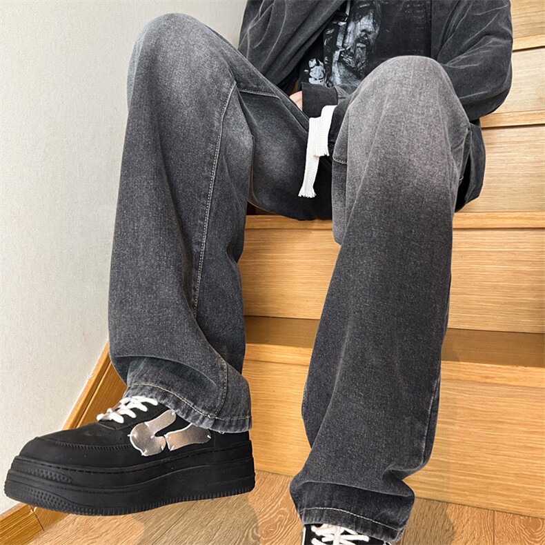 黑白渐变牛仔裤男生秋冬季微喇设计感抽绳潮牌宽松直筒阔腿长裤子图片