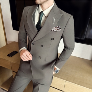 秋冬主推~抗皱色织高档双排扣西装三件套西服驼色SJT8066-P295