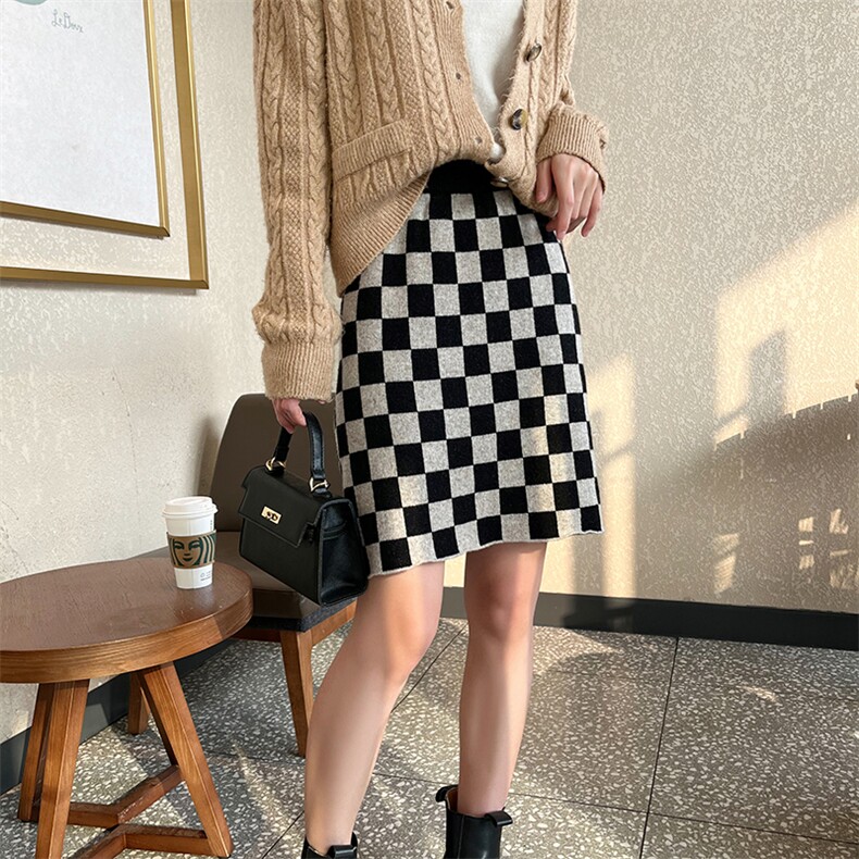 秋冬季羊毛棋盘格直筒修身个性半身裙短裙,女装半身裙,君贝羊绒