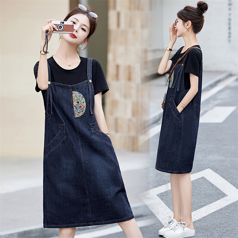 假两件拼接牛仔连衣裙女小个子新款夏季短袖圆领时髦国风背带裙子，女装连衣裙，涵亦佰惠