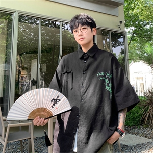 中式复古竹子印花竹节棉垂感短袖袖衬衫CS2411特p42控78抖音控89图片